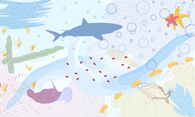Abstract colorful fantasy underwater. Illustration Semi abstract art. Image of fish in sea. Hand painted, children painting surreal style for background