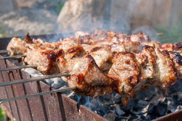 Traditional eastern dish, shish kebab. Roasted meat cooked at barbecue with smoke. .