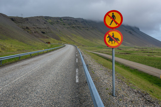 No walking and no horse riding signs near Almannaskard Tunnel on the national Route 1 in Iceland