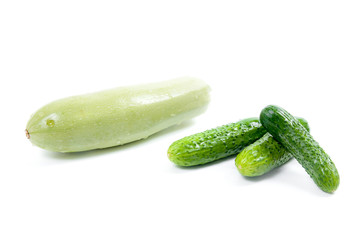 Fresh green zucchini and several green cucumber on white background