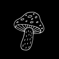 Cute cartoon hand drawn amanita illustration. Sweet vector black and white amanita illustration. Isolated monochrome doodle amanita illustration on black background.