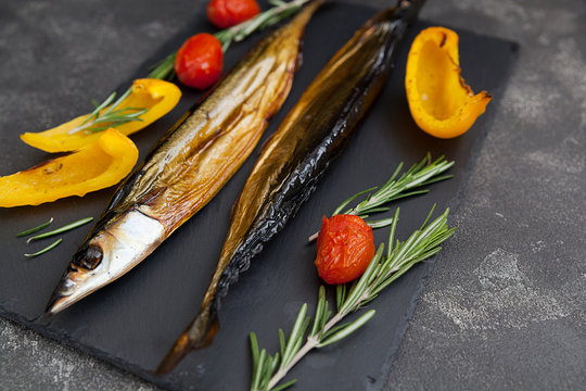 delicious smoked fish with vegetables, smoked saury and vegetables