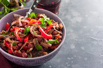 Salad from beef, red pepper, red beans, salad Tbilisi, traditional Georgian cuisine, horizontal, copy space