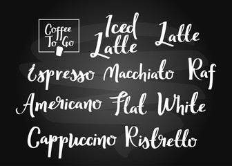 Coffee types calligraphic set. Handwritten typographic collection. Chalkboard style.