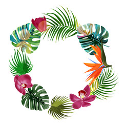 Fototapeta na wymiar Tropcal plants and flowers frame. Geometric shape with exotic palm leaves.