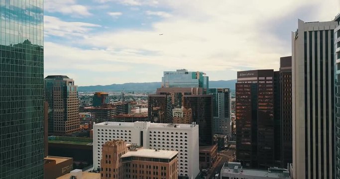 Aerial shot moving through downtown phoenix west