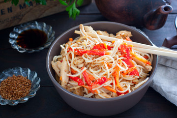 Rice noodles with chicken and vegetables, Korean cuisine, horizontal