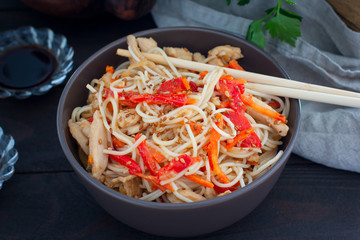 Rice noodles with chicken and vegetables, Korean cuisine, horizontal
