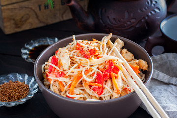 Rice noodles with chicken and vegetables, Korean cuisine, horizontal