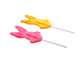 Lollipops. Two colored candyes on a stick. Closeup, isolated, clipping.