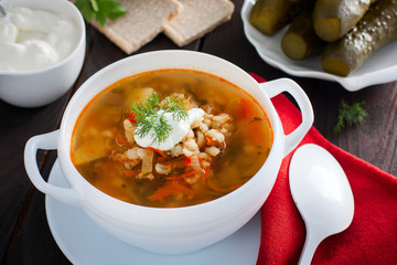 Soup with pickled cucumbers and pearl barley - rassolnik on a wooden background,horizontal