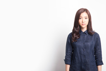 Upset Asian lady portrait on white background