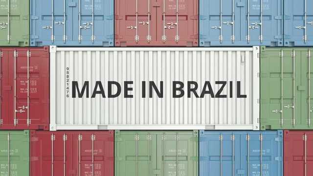 Container with MADE IN BRAZIL text. Brazilian import or export related 3D animation