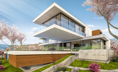 3d rendering of modern cozy house by the river with garage. Fresh spring day with a blooming garden. For sale or rent with flowers of sakura on background.