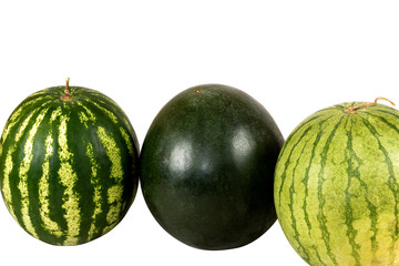 Three watermelons of different varieties, green and striped on a white background. Isolated, view straight, place for text.