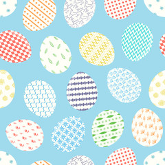 Cute blue Happy Easter seamless pattern with white decorated eggs. Bright ornamental eggs texture for Easters package, gift wrapping paper, textile, covers, background