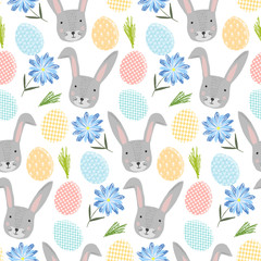 Cute Happy Easter seamless pattern with cartoon gray rabbits, colorful eggs and flowers on white background. Childish spring hand drawn hare and egg texture for wallpaper, textile, wrapping paper