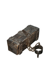 Prisoner's vintage leg lock with wooden weight log isolated with clipping path on white background