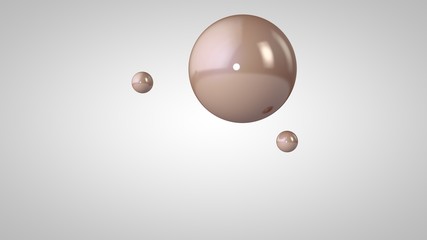 3D illustration of pink, shiny balls, one big and two small balls. Spheres in the air, isolated on a white background. 3D rendering of an abstraction. Space with geometric, round objects.