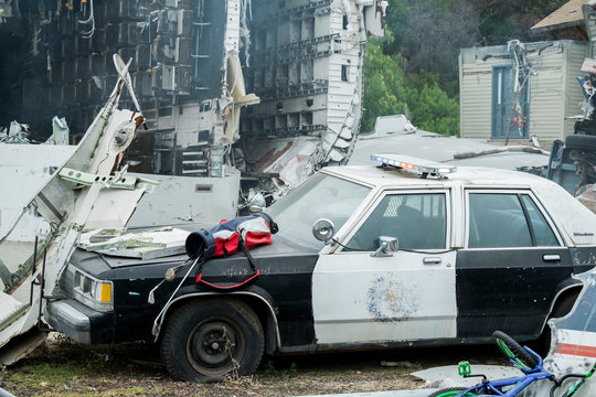 Accident Scene The Police Car Crashed With Background Of Plane Crash, Catastrophe Scene