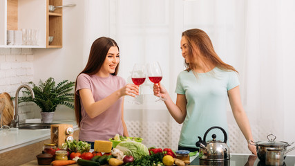 Close friends. Girl party for two. Kitchen space. Beautiful young women clinking red wine glasses.