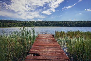 Obraz premium Small wooden pier on the shore of Lake Kramsko Duze in Wdzydze Landscape Park in Cassubia region, Poland
