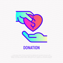 Donation thin line icon: one hand puts heart with dollar sign in other hand. Modern vector illustration for charity, fundraising.