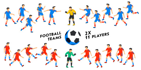 Football team set. Two full Football teams, 11 players. Soccer players on different positions playing football. Colorful flat style illustration.