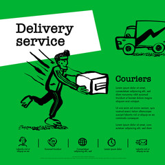 Delivery service concept. Web banner with Delivery guy handing a box on green background. Doodle ink style vector illustration.