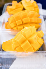 Fresh mango in plastic transparent boxes for take away customers