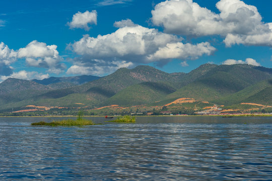 Wooden houses on the water on stilts, Inle Lake in Myanmar.