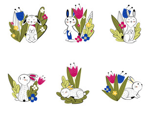 Hello spring! Colorful flowers and sweet rabbits