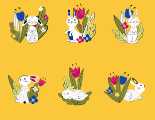 Hello spring! Colorful flowers and sweet rabbits