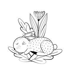 Hello spring! Colorful page with flowers and sweet rabbit