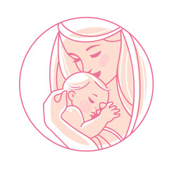 Logotype. Mother with newborn baby  on hands.