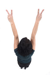 top view of a woman with finger sign victory