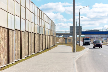 Sound absorbing panels along freeway in city