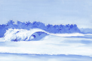 Acrylic painting of waves breaking by a Pacific island