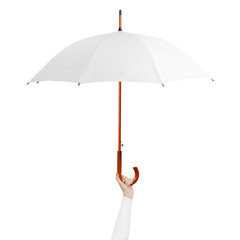 Woman hold white open umbrella isolated on white background. Woman hand raised up holding blank...