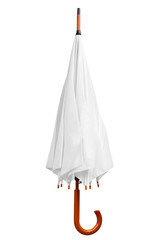 White closed umbrella isolated on white background. Blank folded umbrella on white background