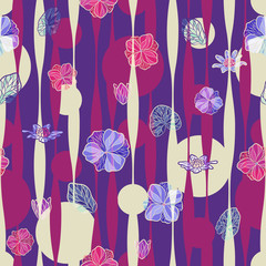 Fototapeta na wymiar Seamless vector floral pattern with abstract tropical flowers in monochrome purple colors on geometric background. Endless floral print