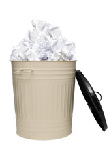 Stylish trash can full of crashed papers isolated on white background