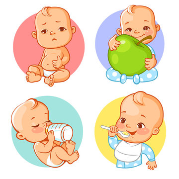 Baby sticker set. Healthy food, nutrition for baby