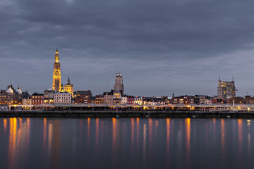 The beautiful skyline of Antwerp, Belgium with the Cathedral of our Lady on the left.  