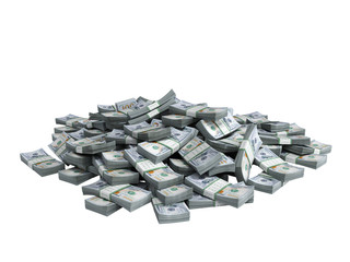 Money Pile of packs of hundred dollar bills stacks 3d render on white no shadow - 256635731
