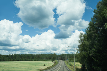Fototapeta na wymiar Fields, trees and road with blue sky and clouds