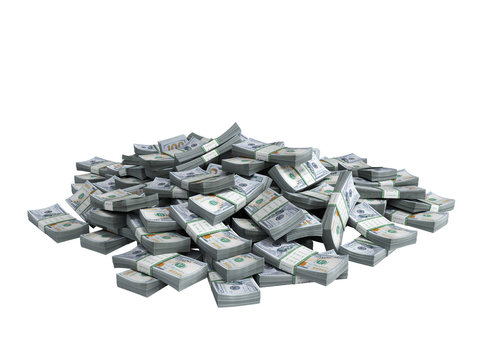 Money Pile of packs of hundred dollar bills stacks 3d render on white no shadow