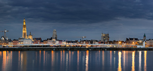 Panorama of the beautiful skyline of Antwerp, Belgium with the Cathedral of our Lady  on the left