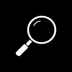 Flat monochrome magnifier symbol for web sites and apps. Minimal simple black and white magnifier symbol. Isolated vector white magnifier symbol on black background.
