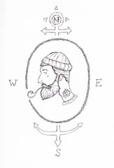 Pen and ink sailor drawing, abstract in a compass and anchor